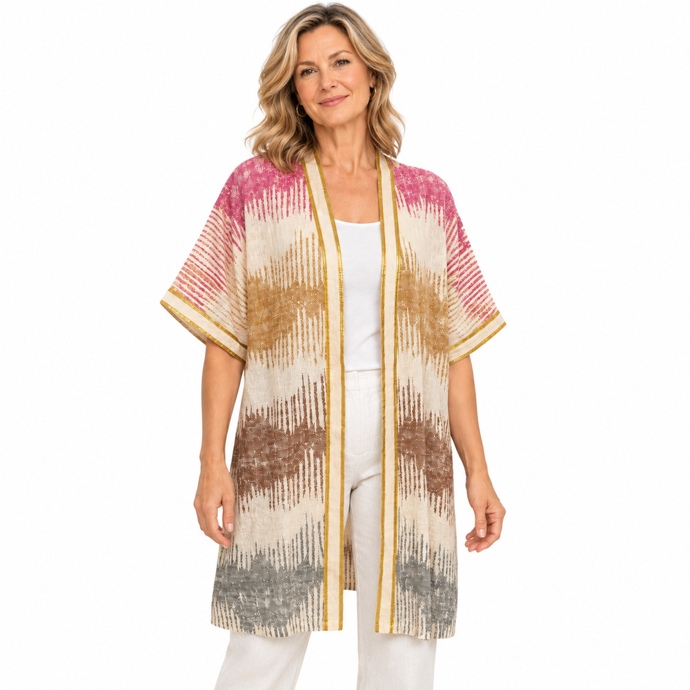 Soft Surroundings 100% Cotton Metalic Gold Trim Open Long line Jacket PL/ P XL